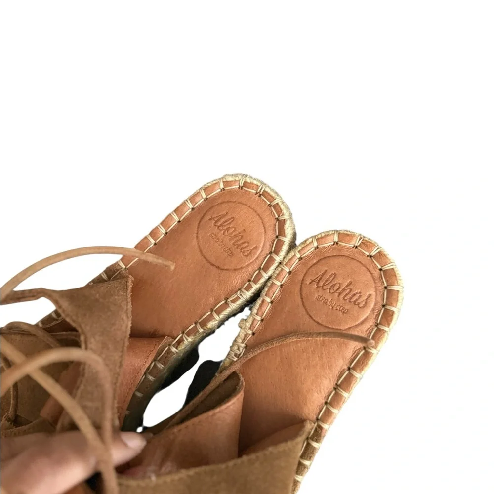 ALOHA’S Tan Camel Gladiator Leather Platform Lace-Up Wrap Espadrille Sandals